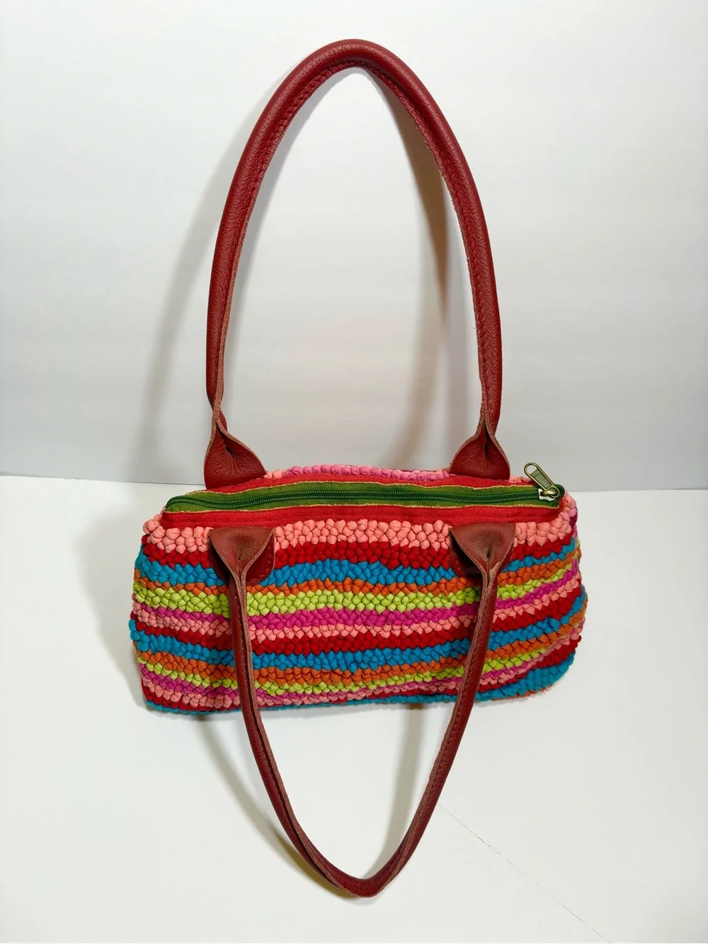 Mielie South Africa Hand Hooked Woven Knit Striped Shoulder Bag Red Pink Green